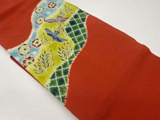 JAPANESE NAGOYA OBI / CHIRIMEN / SHIBORI / HAND PAINTED / CRANE